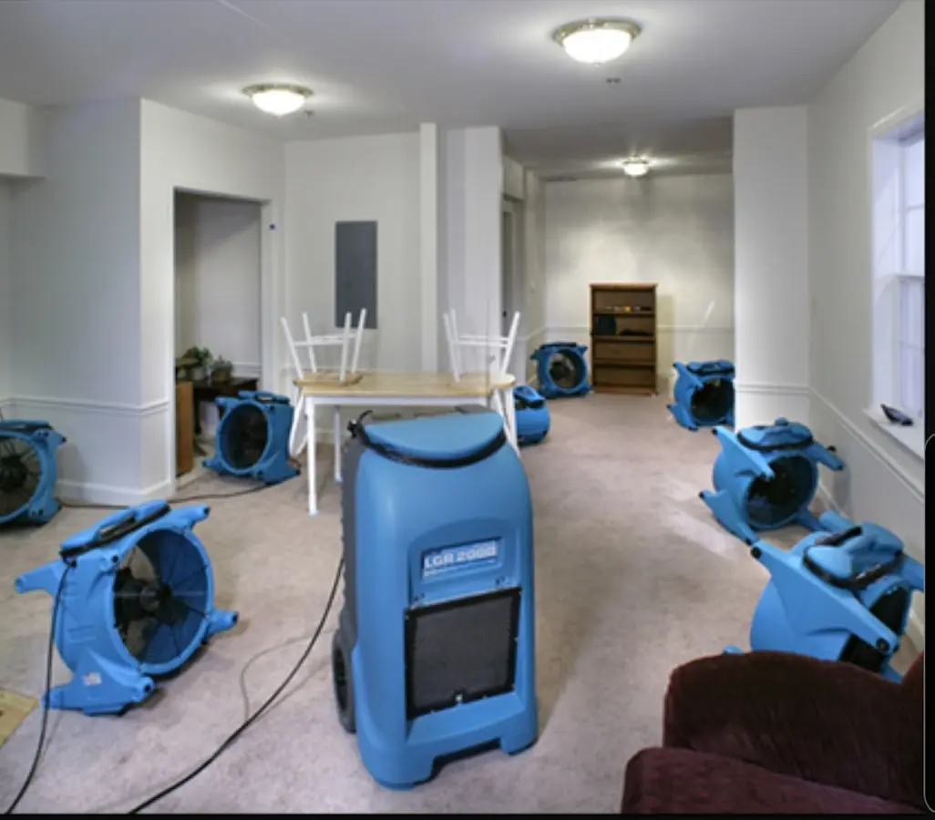 Air movers and dehumidifier setup for Water Damage Restoration in Jerseyville